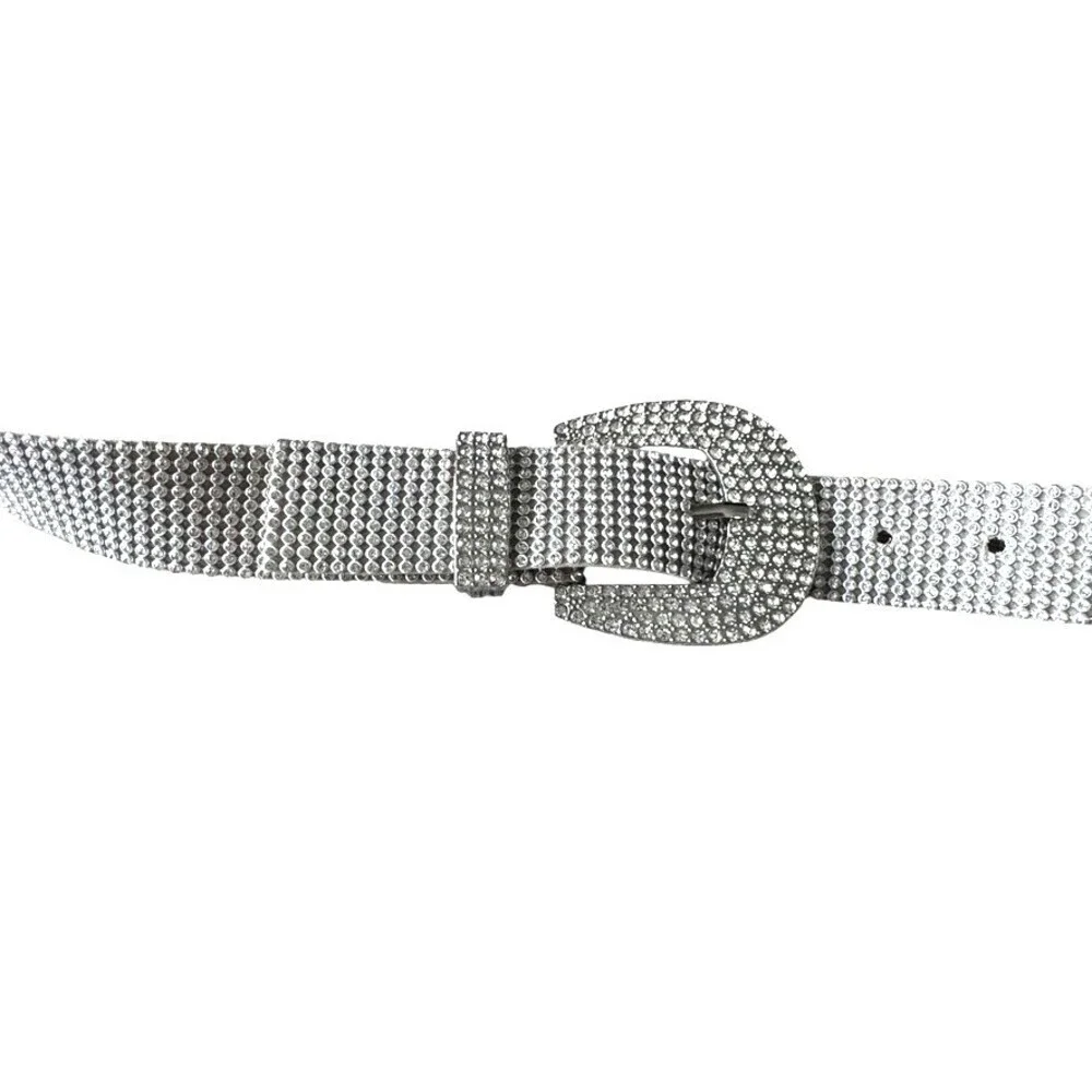 Vintage Y2K Rhinestone Belt Silver Crystal Western Bling Glam M/L Faux Suede